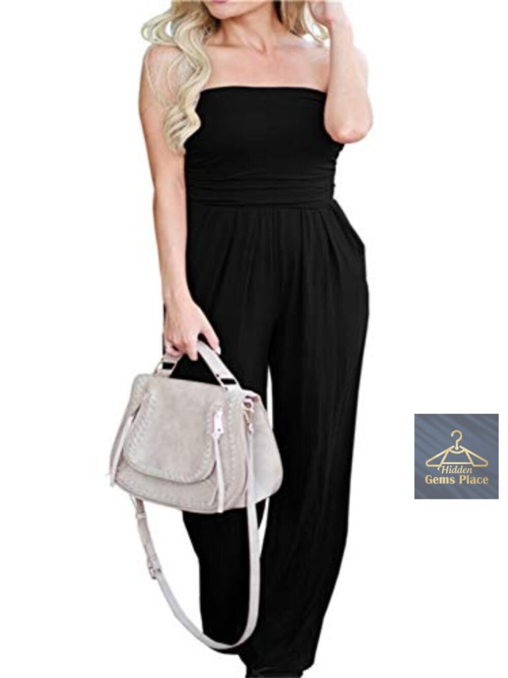 Strapless Tube Top Jumpsuit Loose Wide Leg Long Pants Romper with Pockets